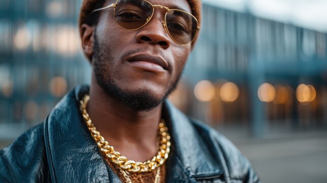 A stylish man with sunglasses and a leather jacket exudes confidence, showcasing modern fashion against a blurred urban backdrop filled with soft lights.