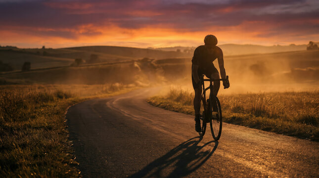 Silhouette of road cyclist riding through misty countryside at sunrise, endurance training on winding asphalt route, outdoor fitness, athletic challenge, dramatic landscape, morning speed