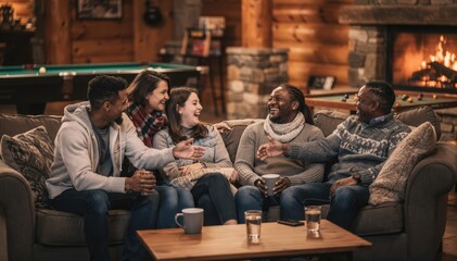 Naklejka premium Mixed group of friends enjoying conversation on comfy couches in a stylish indoor lodge lounge with blurred background featuring game tables and warm fireplace hues.