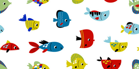 Fototapeta premium Vibrant Seamless Pattern with Yellow and Teal Sea Fish for Beach Accessories Design and Children Pool Party Decorative Backgrounds