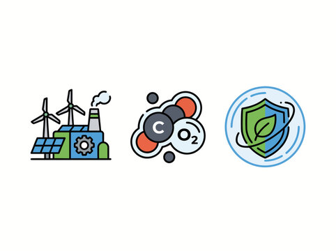 This illustration presents clean energy sources like wind and solar, combined with carbon dioxide and an eco-friendly symbol, emphasizing sustainability and modern technology.