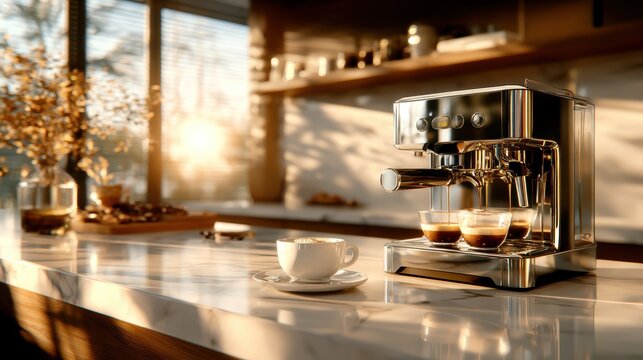 A sleek, modern espresso machine is presented on a stylish kitchen countertop, brewing fresh coffee cups that invite warmth and energy into your morning routine.