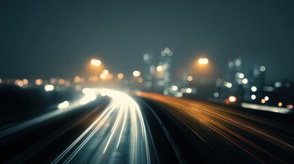 Obraz premium Nighttime highway with blurred light trails and city lights in background