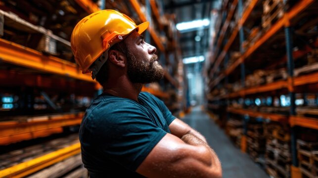 This image shows a confident construction worker in a hard hat and safety gear, standing in a warehouse, embodying strength, professionalism, and dedication to the trade.