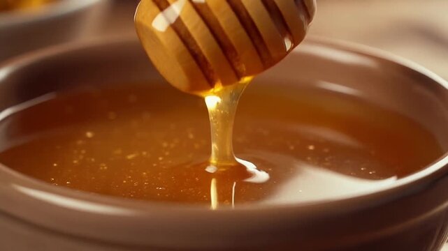 Golden honey dripping smoothly from wooden dipper into ceramic bowl, warm lighting, slow motion macro shot emphasizing glossy texture.