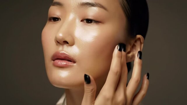 Young woman with radiant, flawless skin and dark nails, wearing a soft top, gently caresses her face in ultra-slow motion. ECU video with soft, warm light in a blurred dark studio, slow push-in,