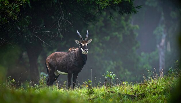 Rare Saola with long parallel horns and white facial markings stands alert in a misty forest landscape, showcasing its majestic presence in the cinematic widescreen of a lush wilderness environment.