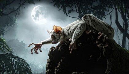 Fototapeta premium Furry nocturnal aye aye lemur with large ears and thin skeletal fingers perched on a hollow log under a bright full moon, creating a cinematic wildlife banner with a mysterious atmosphere.