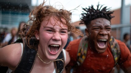 Obraz premium A group of ecstatic teens express pure joy and excitement in a lively crowd, their passionate shouts and exuberant faces radiating energy and the thrill of togetherness.