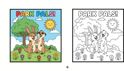 Obraz premium Cute Cartoon Rabbit and Meerkat Park Pals Illustration, Happy Animal Friends in a Sunny Garden with Tree and Flowers