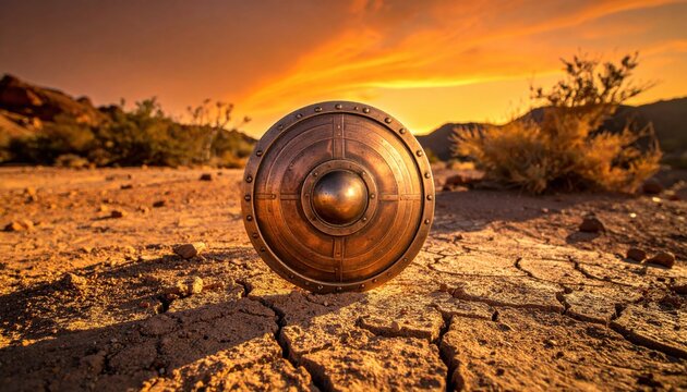 Ancient circular bronze buckler shield with central dome boss and concentric etched circles stands on cracked desert earth at sunset, showcasing a cinematic archaeological relic in the wild.