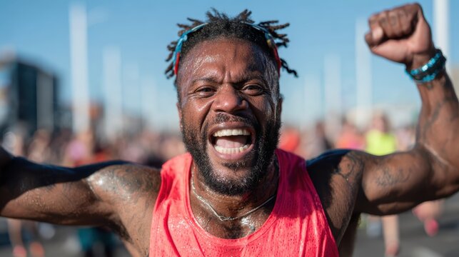 A passionate runner celebrates crossing the finish line with exuberant energy, showcasing determination and triumph amid a vibrant crowd of fellow athletes and supporters.