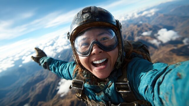 A joyful skydiver smiles widely, embracing the thrill of free fall amidst breathtaking mountain landscapes and a sea of clouds in a vivid blue sky.
