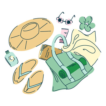 A set of accessories for a beach holiday in green and beige tones, a bag with a scarf, a wide-brimmed hat, sunglasses, slippers, a book, an elastic band, a sunscreen in the doodle style