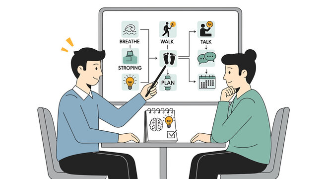 Therapist guiding patient through coping strategies on a whiteboard for mental health