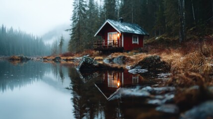 Fototapeta premium A picturesque red cabin stands serenely by a tranquil lake, surrounded by misty trees, creating a perfect scene of calm and coziness in nature's embrace.
