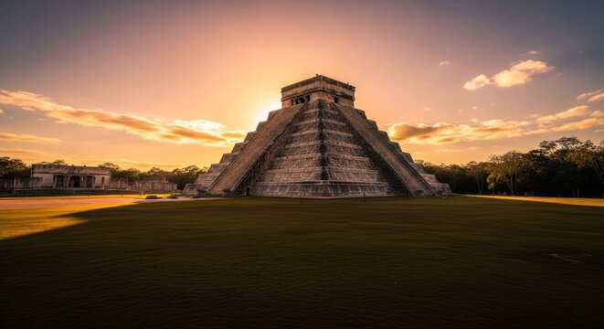 Chichen Itza Pyramid at Sunset Golden Hour Majestic Ancient Mayan Ruins.