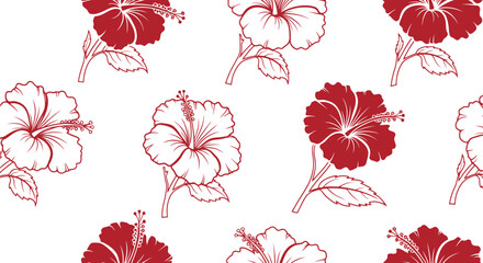 Red Hibiscus Floral Fabric Pattern Vector Seamless Design for Summer Textile and Wallpaper © azad