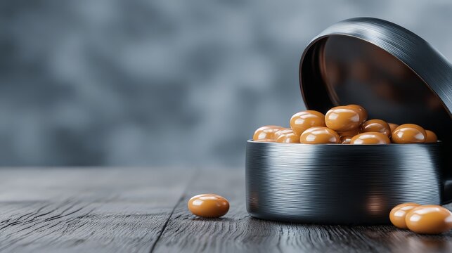 A close-up of a metallic box filled with shiny candy balls.