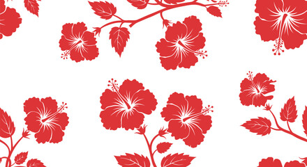 Red Hibiscus Floral Fabric Pattern Vector Seamless Design for Textile and Wallpaper © azad