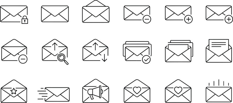 A comprehensive collection of versatile outline email and message envelope icons, depicting various communication states and actions for modern digital interface design and web application projects