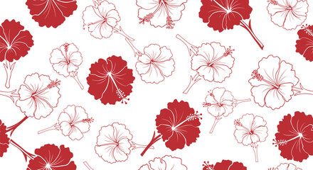 Red Hibiscus Floral Fabric Pattern Vector Seamless Background for Textile and Wallpaper Design © azad