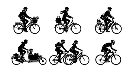 Obraz premium Cycling Silhouettes Collection: Diverse Riders on Bikes, Urban Commute, Family Cargo Bike, Sport Cycling, Vector Icons