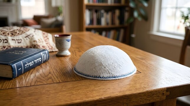 White kippah on wooden table alongside a siddur and kiddush cup for Holocaust Remembrance Day concept, symbolizing Jewish faith and memory in a bright home interior