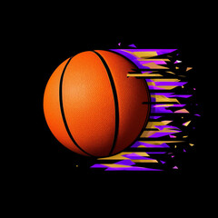 Obraz premium Dynamic basketball exploding with abstract digital art streaks against dark background motion abstract.