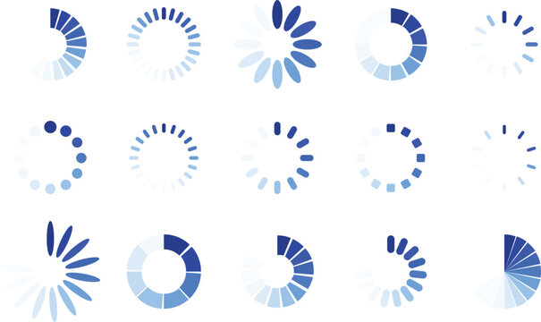 Circular loading spinner collection. Abstract progress indicator icons. Modern technology interface elements. Minimal blue vector animation design.