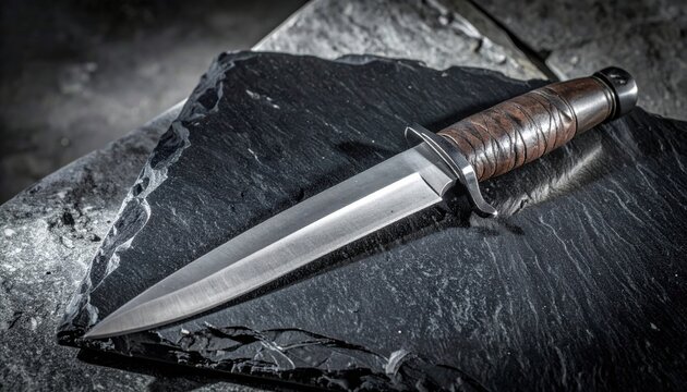 A forged steel dagger with a crossguard and leather wrapped grip resting on a dark slate stone slab. This cinematic wide view captures the ancient craftsmanship of a handmade medieval blade.