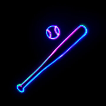 Neon baseball bat and ball glowing set isolated on dark background for sports training and nocturnal game activities.
