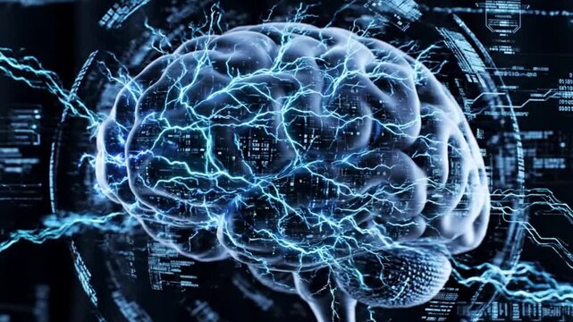 Human brain with blue lightning bolts and electricity on dark background