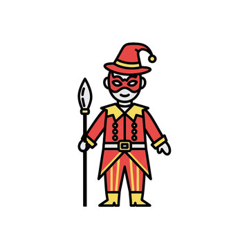 Cartoon jester in red costume.