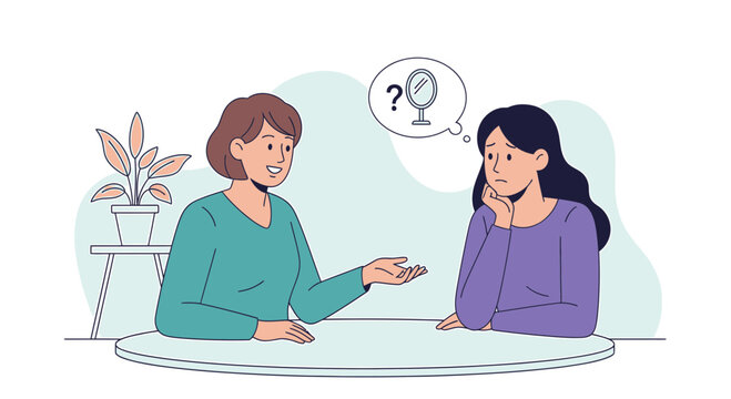Woman comforting friend, discussing self-esteem and mental health with a mirror symbol