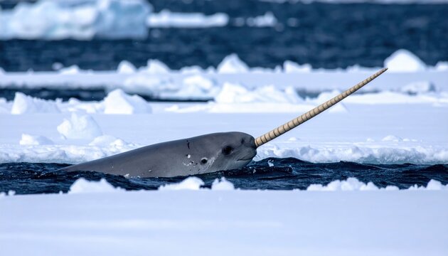 A majestic narwhal with a long spiraled ivory tusk emerges from the dark Arctic waters amidst floating ice, capturing the serene and cinematic beauty of polar marine life in the wild north.