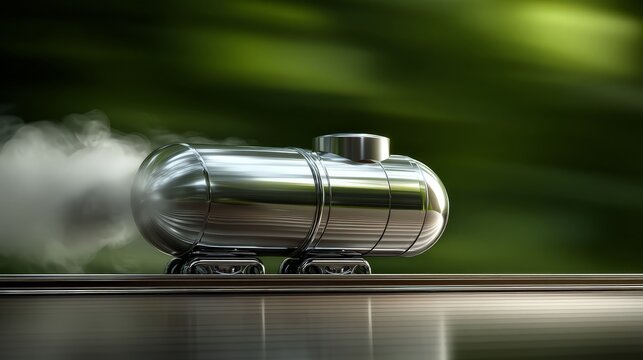 A sleek silver train gliding through a blurred green background.