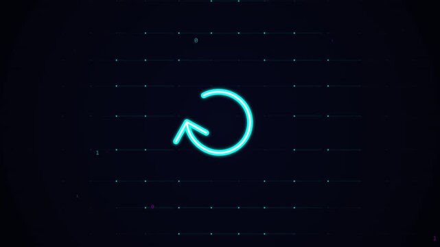 Glowing neon reload arrow icon rotating on a dark digital binary background