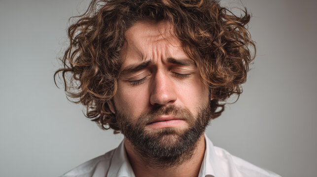 Close-up of curly haired man with eyes closed in overwhelmed crying expression on neutral gray background
