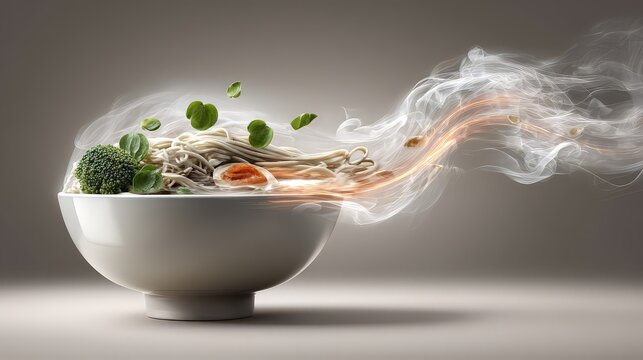 A vibrant bowl of noodles with steaming vegetables and herbs.