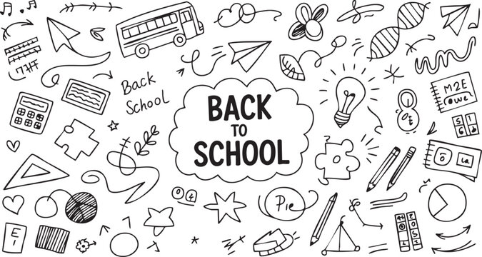 school black and white doodle set with learning symbols
