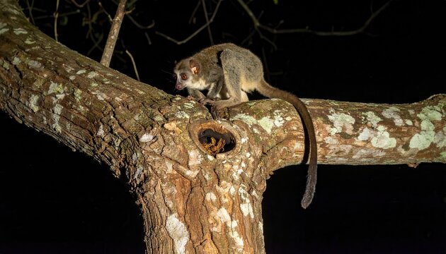 Rare nocturnal aye aye lemur with its elongated finger searches for grubs inside a tree hollow at night, illustrating Madagascars unique and exotic biodiversity in a cinematic widescreen view.