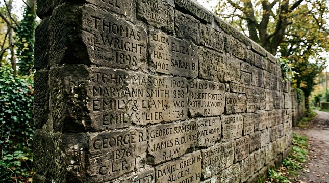 Historical names carved on wall blocks stand as a solemn memorial for a Holocaust Remembrance Day concept, capturing a legacy of loss and remembrance in a quiet cemetery