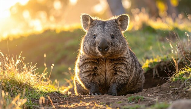 Adorable common wombat sitting at the entrance of a dirt burrow in the glowing golden sunset light, capturing the sturdy powerful body and coarse fur of this unique Australian marsupial animal.