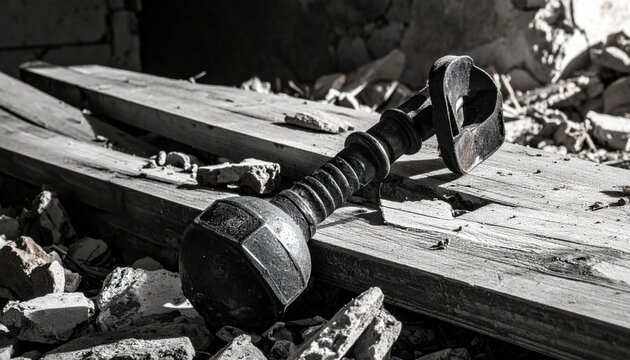 Handcrafted iron mace with fluted head and hexagonal handle resting on broken wooden planks and rubble in a derelict environment, captured in high contrast black and white cinematic photography.