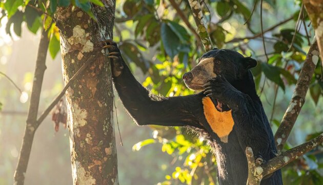 Malayan Sun Bear with Distinct Orange Crescent Marking Perched in a Tropical Rainforest Tree Canopy, Cinematic Wide Landscape View of Exotic Wildlife and Arboreal Habitat in Soft Morning Light.
