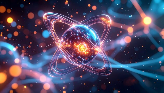 Abstract depiction of an atom with orbiting electrons and glowing nucleus.