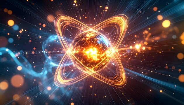 Abstract Atomic Nucleus Illustration with Glowing Energy Rings and Particles.