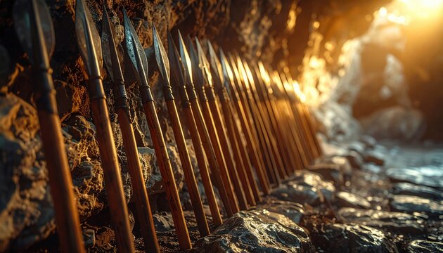 Row of iron tipped javelins with slender wooden shafts resting against dark cave wall with sun light. Cinematic cinematic widescreen banner of ancient spears in a stone grotto with golden hour light.