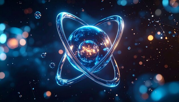 Abstract Atom Illustration with Glowing Orbitals and Nucleus.
